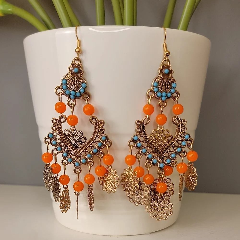 Boho Orange Blue Gold Chandelier Earrings Bohemian